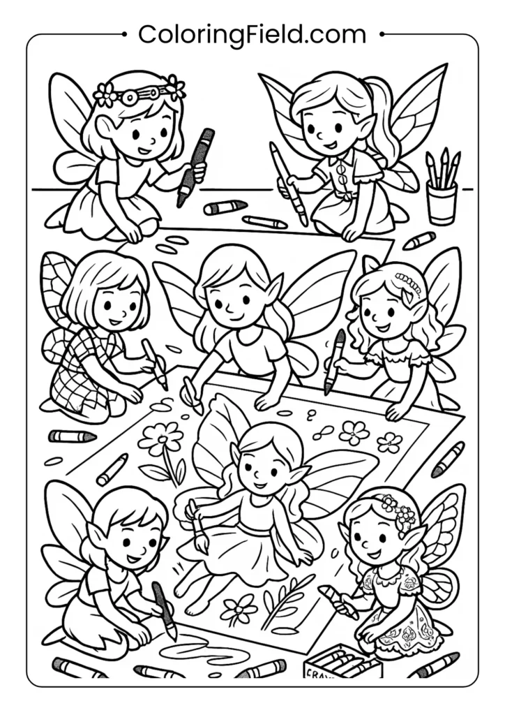 Multiple fairies working together on giant coloring page art project
