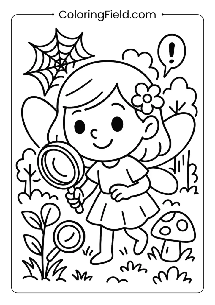 Fairy solving woodland mysteries with magnifying glass coloring page for children