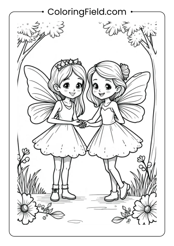 Fairy friends coloring page featuring a group of cheerful fairies with wings, holding hands or playing together in a whimsical outdoor setting.