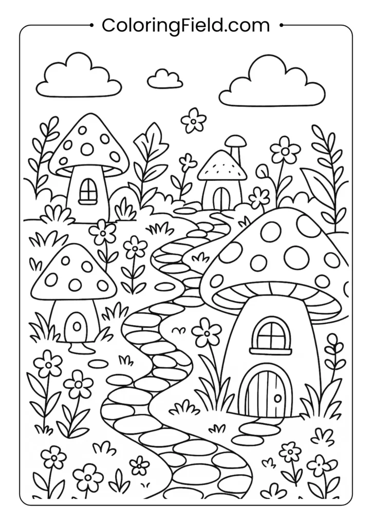 Enchanted fairy garden with mushroom houses and tiny flowers coloring page