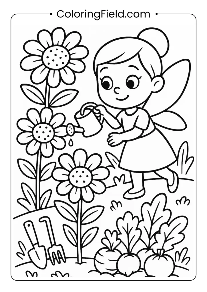 Fairy watering giant flowers with tiny watering can coloring page for children