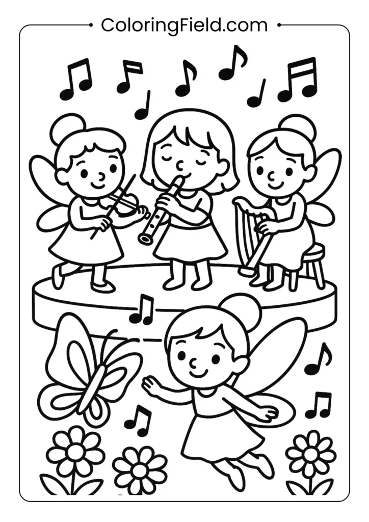 Multiple fairies playing tiny instruments coloring page for children