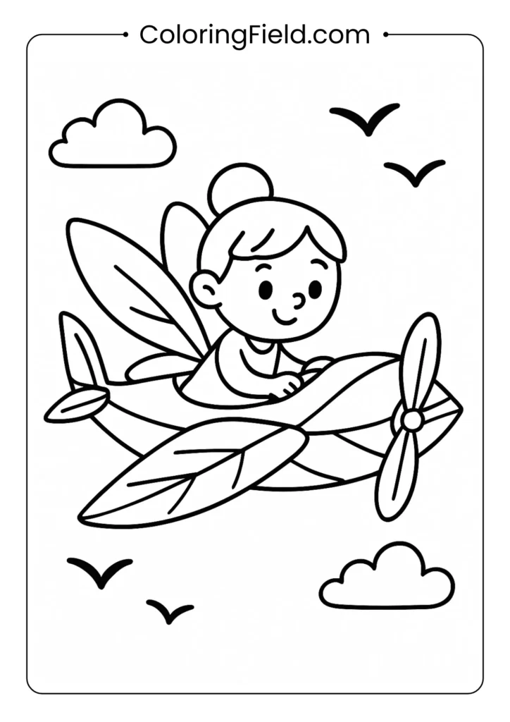 Fairy flying magical leaf airplane coloring page for kids