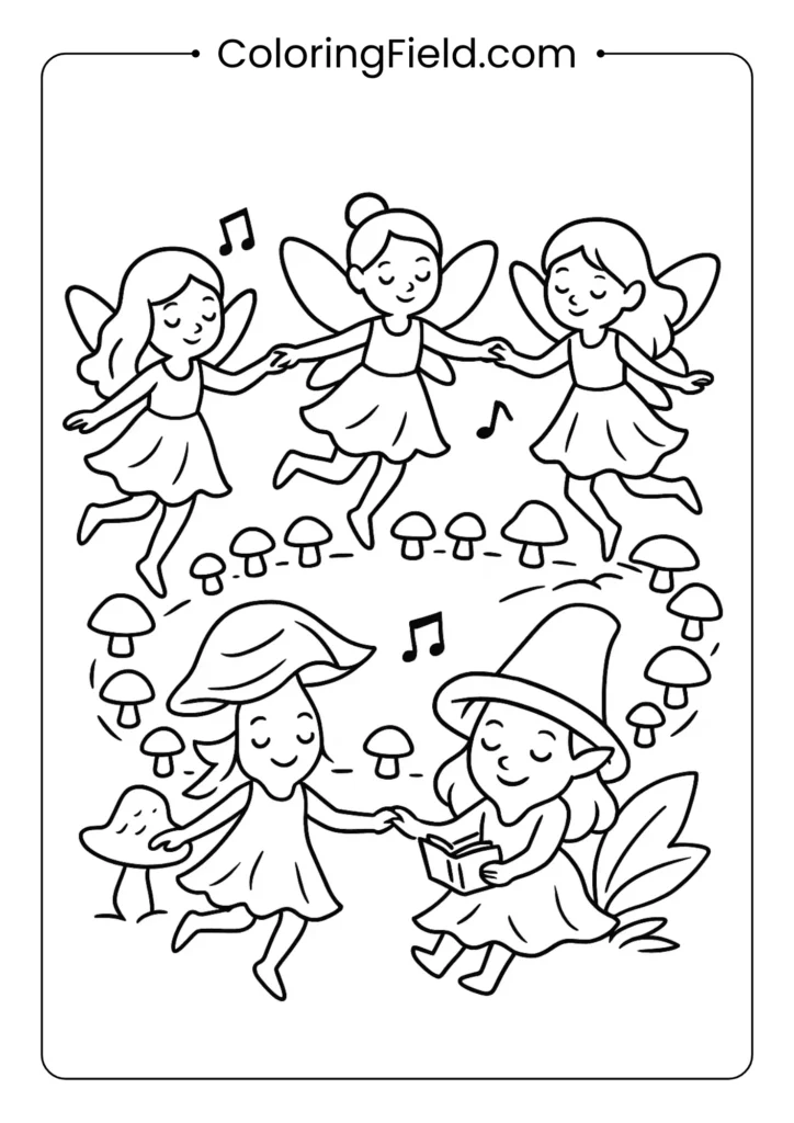 Circle of fairies dancing around magical mushroom ring coloring page