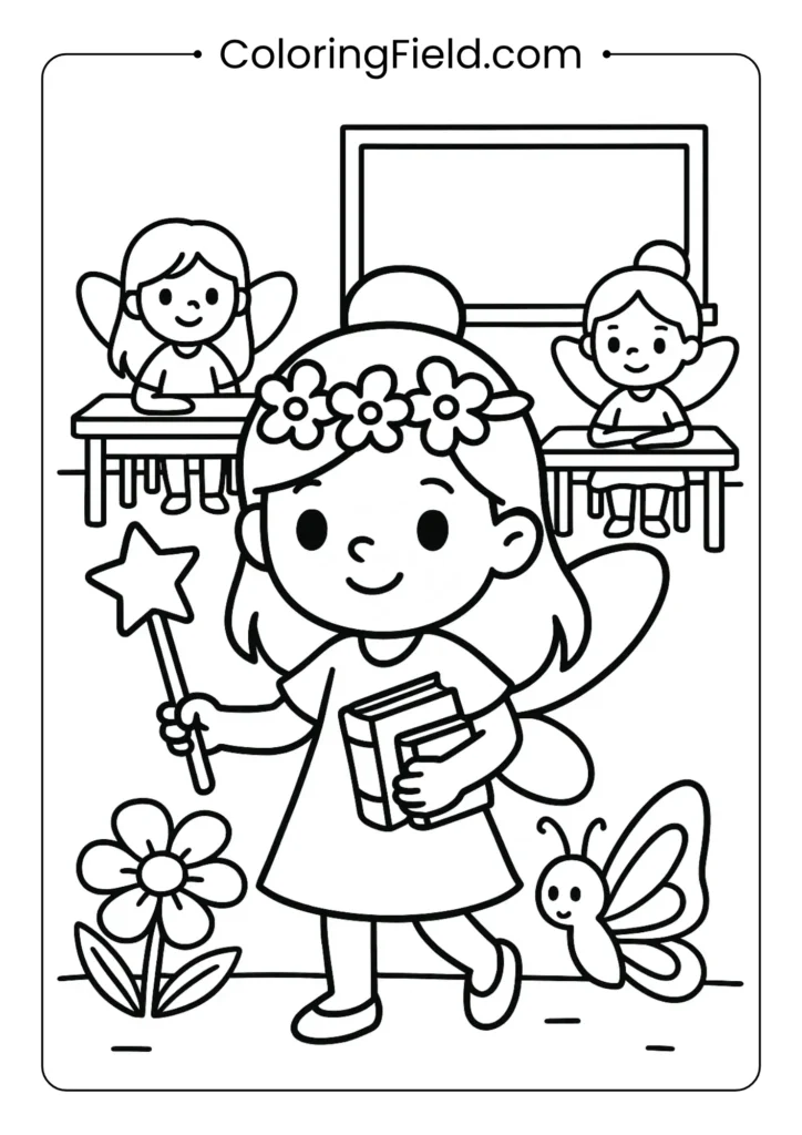 Young fairy student with books and magic wand coloring page for kids