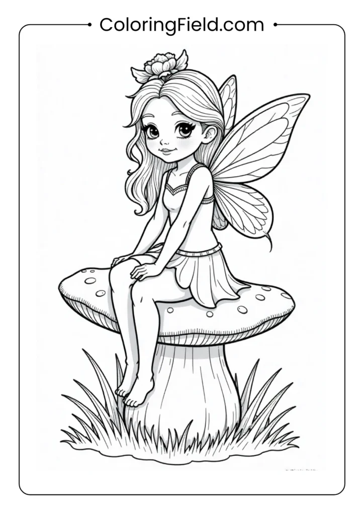 Fairy sitting on a mushroom coloring page featuring a delicate fairy perched gracefully atop a large mushroom with wings and a whimsical pose.