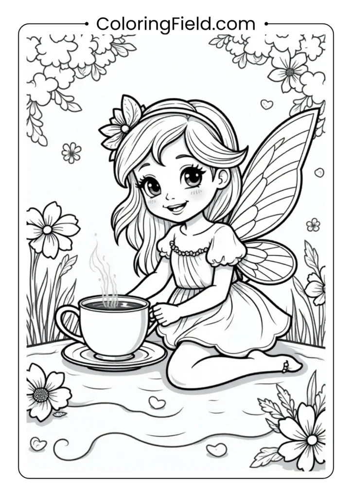 Fairy tea party coloring page featuring whimsical fairies sitting around a small table with teacups, treats, and flowers in a magical outdoor setting.