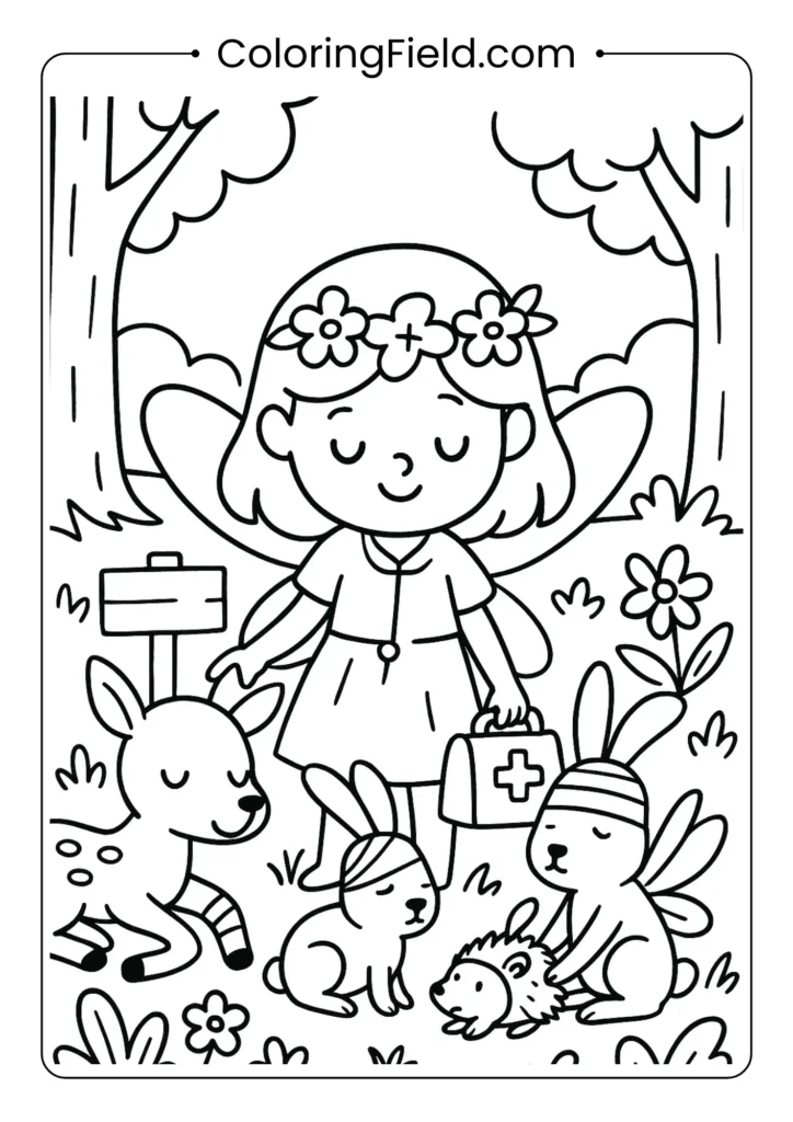 Fairy caring for injured woodland animals coloring page for kids