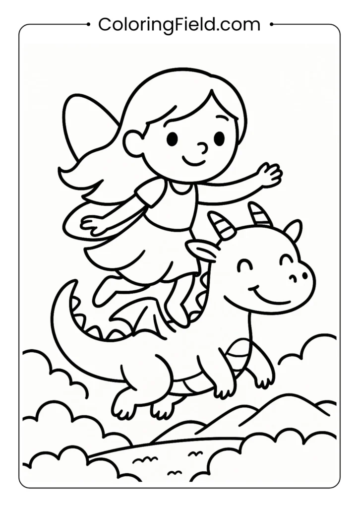 Friendly fairy riding small dragon coloring page for kids