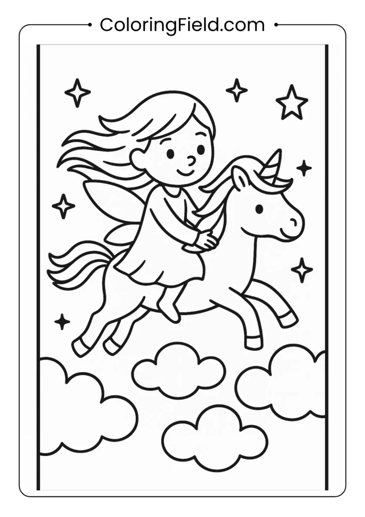 Fairy riding unicorn through clouds coloring page for kids