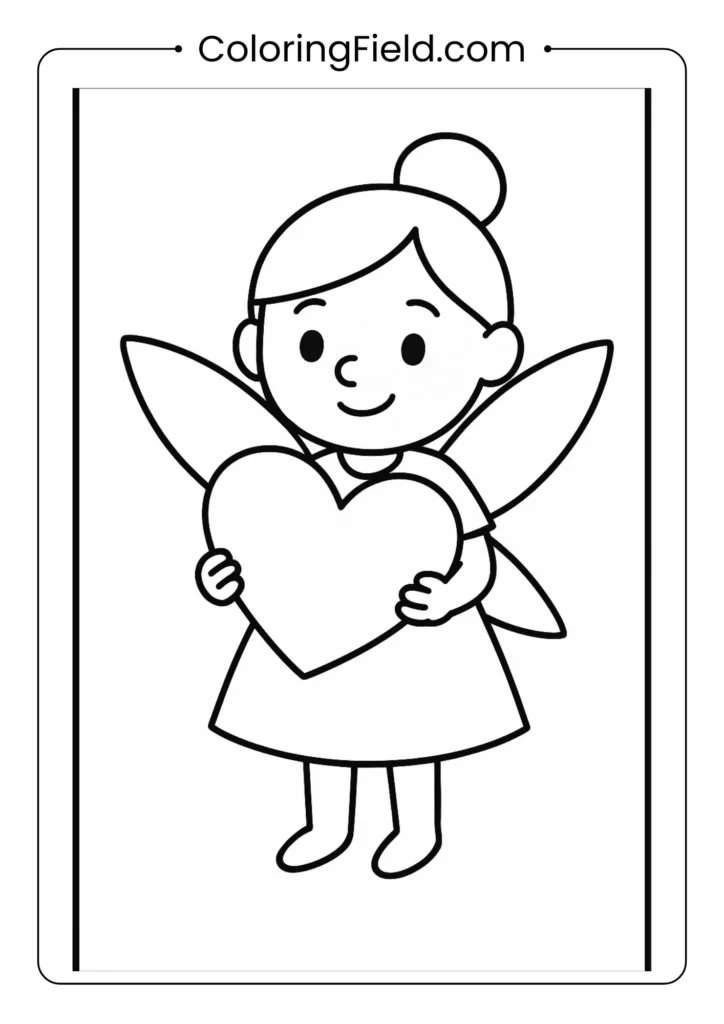 Fairy holding large heart shape coloring page for young children