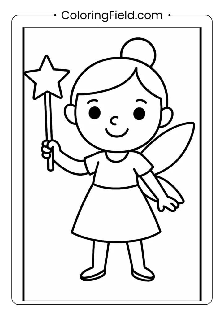 Standing fairy holding star wand coloring page for young children