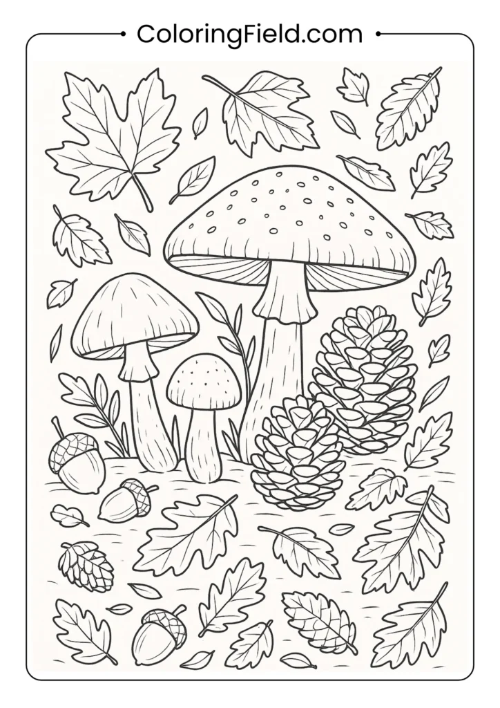 Forest floor scene with mushrooms, acorns, pinecones, and scattered leaves coloring page
