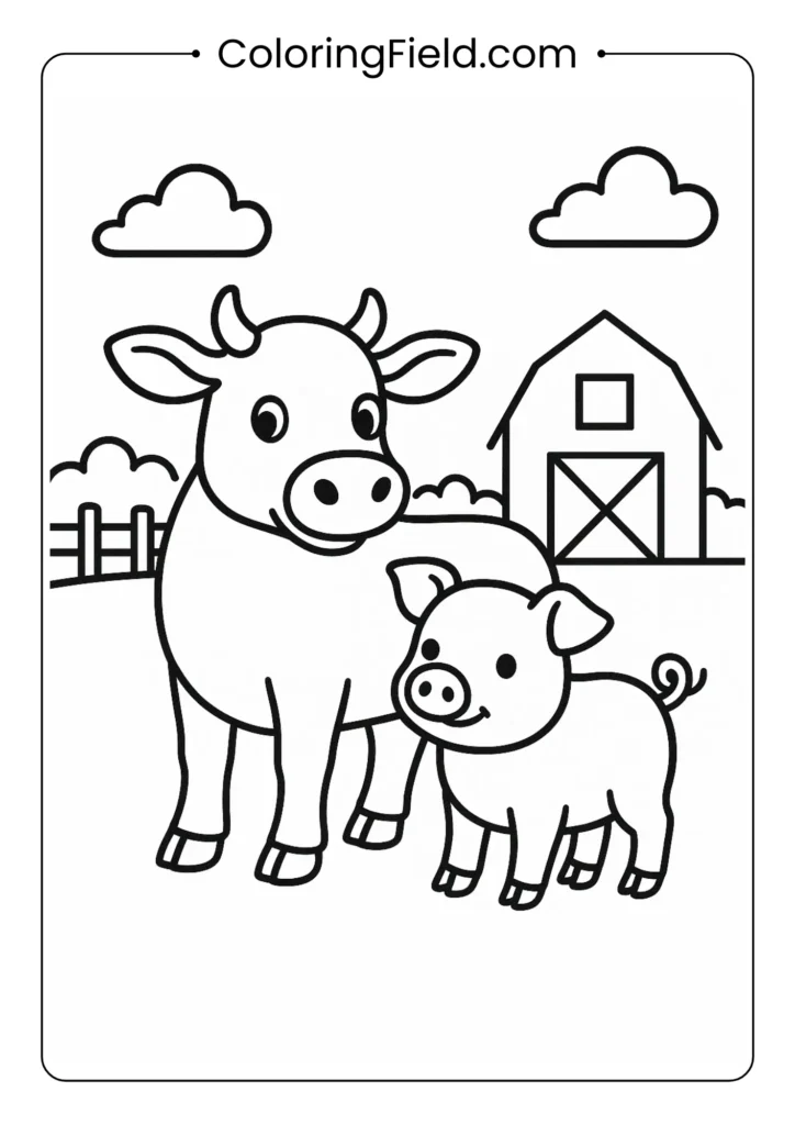 Simple cow and pig friendship scene outline coloring page