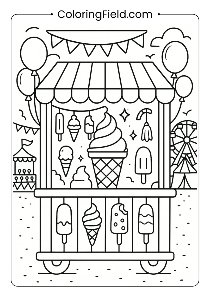 Festival ice cream booth coloring page with carnival decorations and background rides