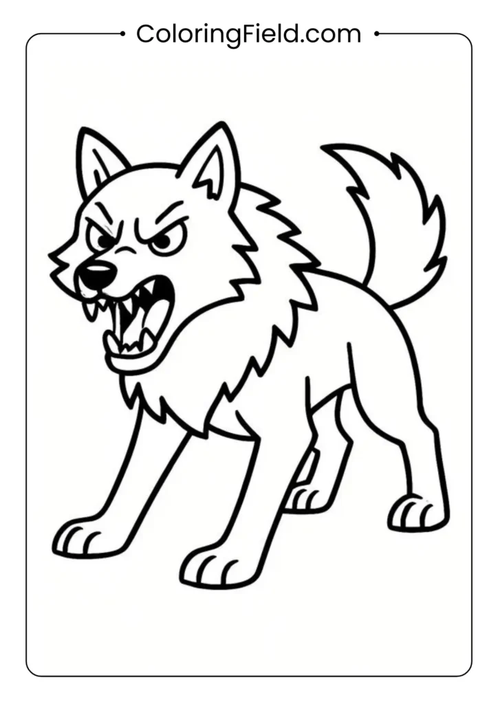 Fierce adult wolf coloring page with intense eyes, sharp features, and bold fur details