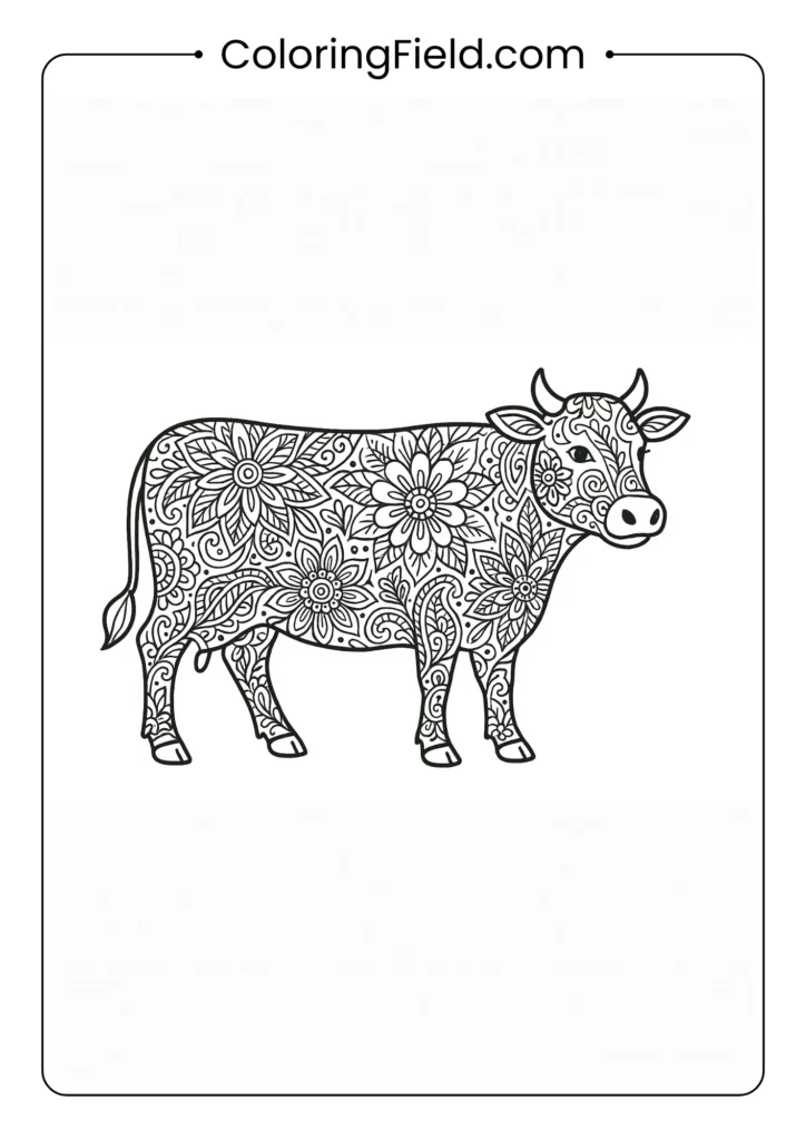 Cow silhouette filled with floral zentangle patterns coloring page