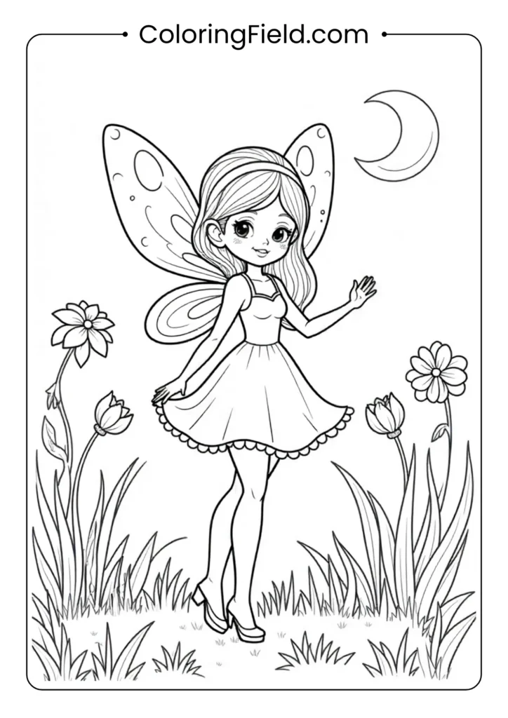 Flower fairy in a garden coloring page featuring a delicate fairy with wings surrounded by blooming flowers, leaves, and garden details.