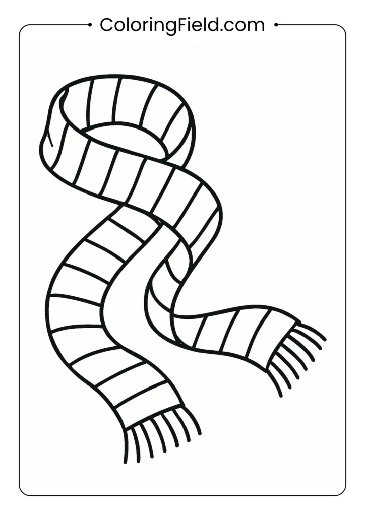 Long winter scarf coloring page with stripes and fringed ends