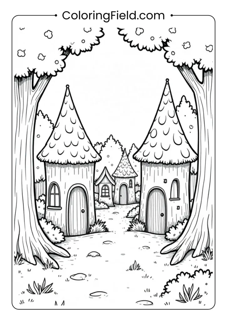 Forest fairy village coloring page featuring a whimsical woodland scene with tiny fairy houses, trees, mushrooms, and fluttering fairies.