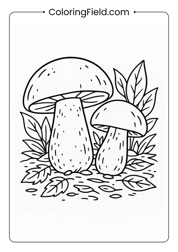 Porcini mushrooms on forest floor with leaves and debris coloring page