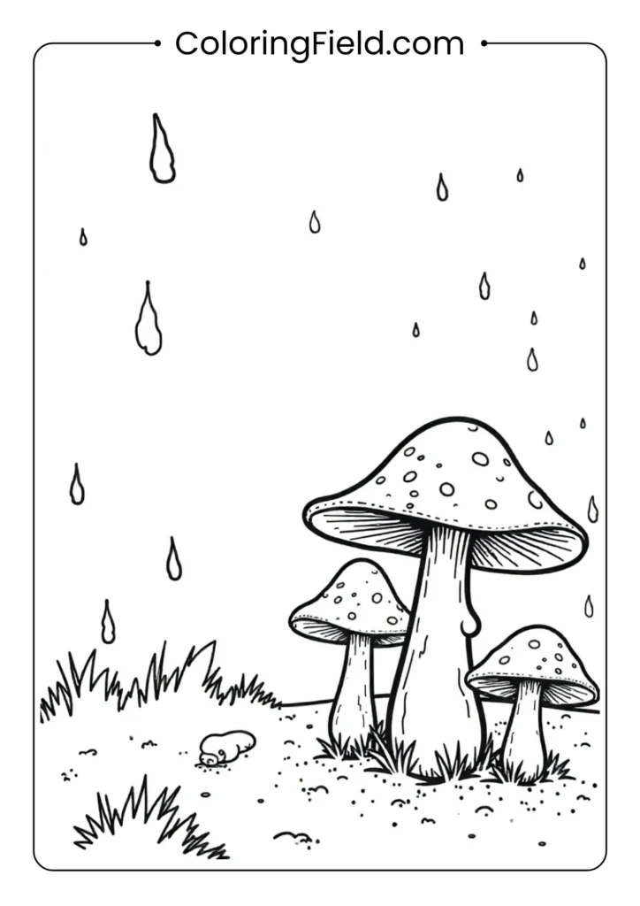 Forest mushrooms under the rain coloring page featuring various mushrooms growing on the forest floor with raindrops falling around them.