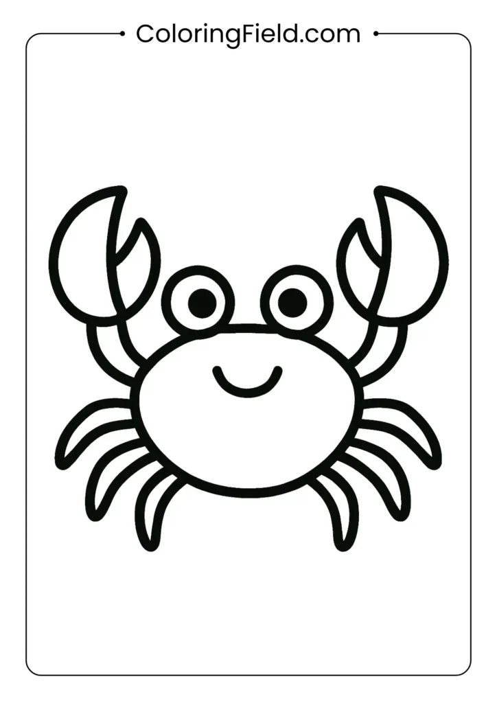Cute cartoon crab coloring page with big eyes and claws, toddler-friendly design