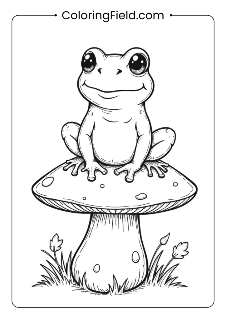 Frog sitting on a mushroom coloring page featuring a cute frog perched on top of a large mushroom surrounded by grass and small plants.