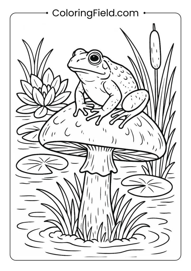 Frog sitting on mushroom in pond setting with lily pads coloring page