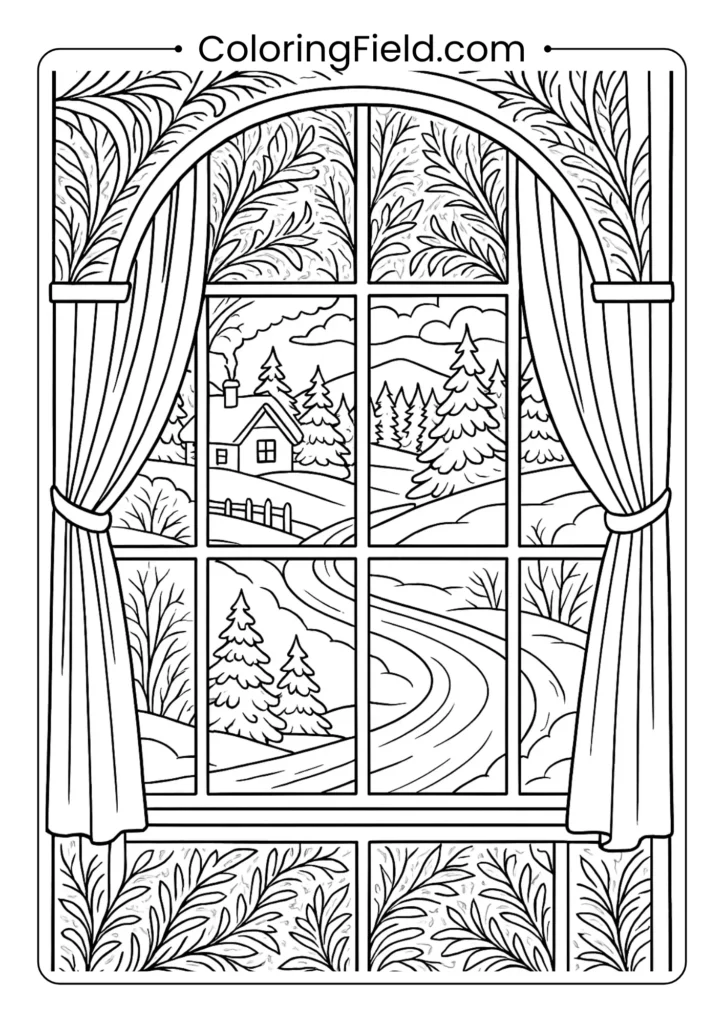  Intricate winter window coloring page with frost patterns and outdoor view