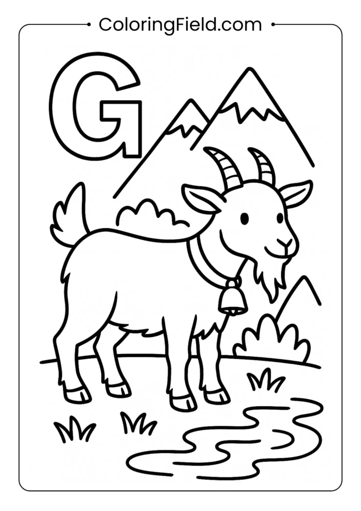 Animal alphabet letter G coloring page with mountain goat