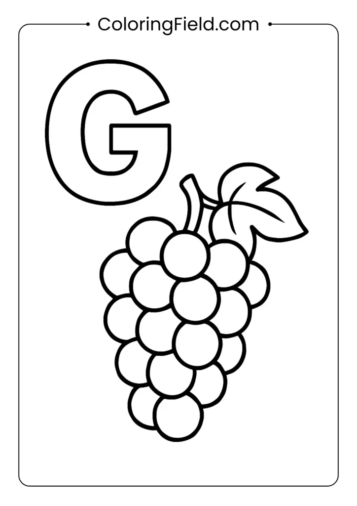 Food alphabet letter G coloring page with bunch of grapes