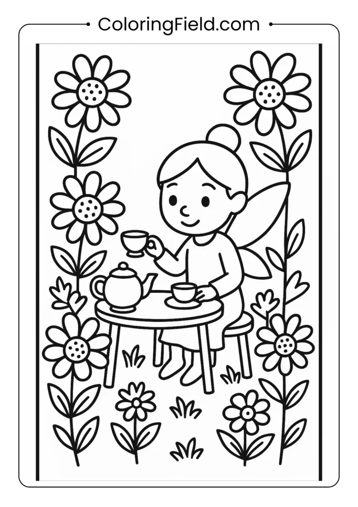 Fairy having tea party in flower garden coloring page for children