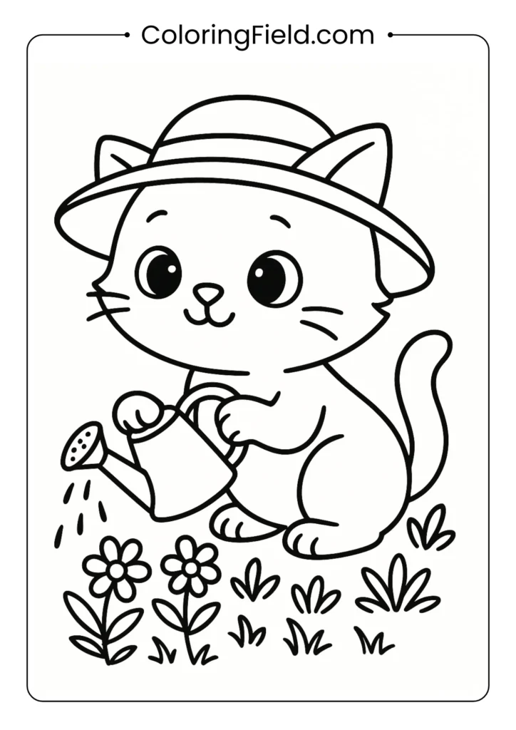 Kitten watering flowers in garden.