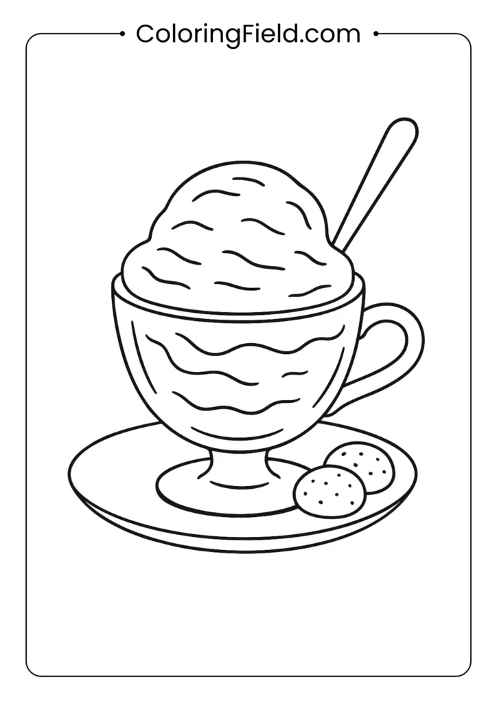 Italian gelato cup coloring page with glass cup, saucer and amaretti cookies