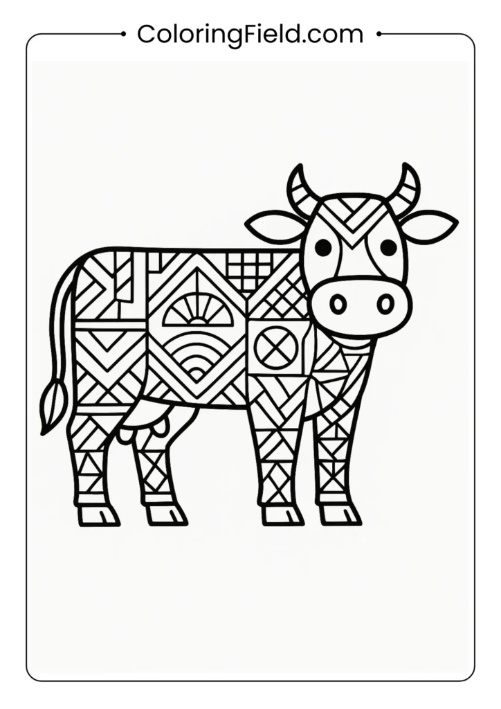Cow with geometric patterns and shapes artistic coloring page