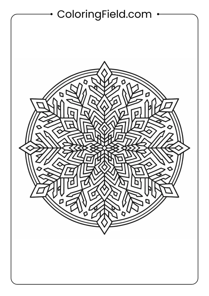 Complex snowflake mandala coloring page with intricate symmetrical patterns