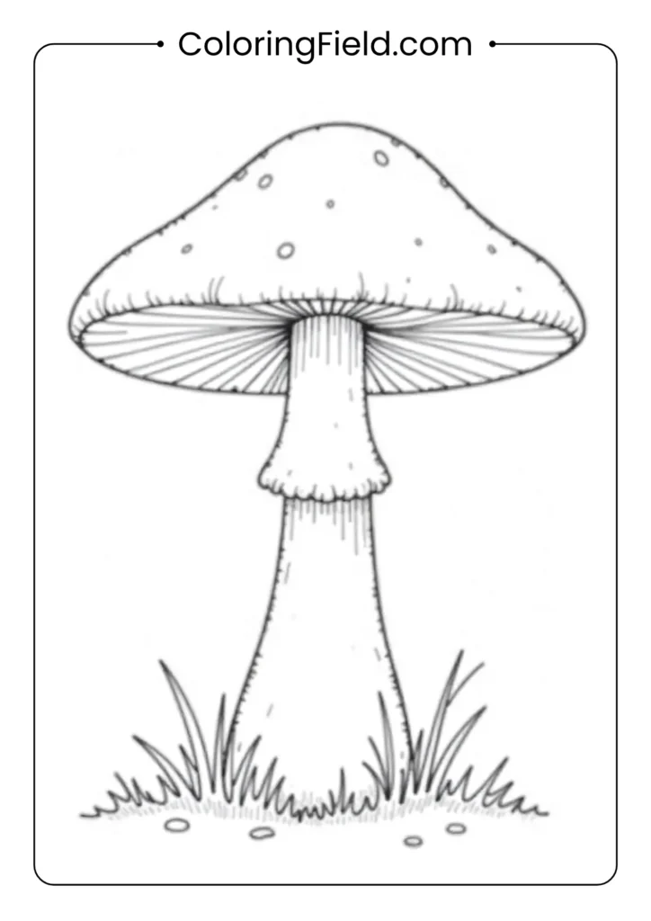 Giant mushroom umbrella coloring page featuring a large whimsical mushroom being used as an umbrella, with smaller mushrooms and forest details around it.