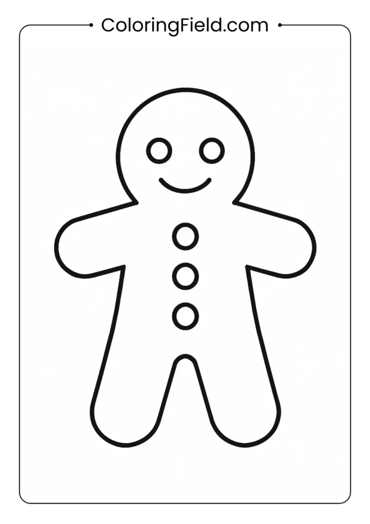 Gingerbread person coloring page with face, buttons, and body outline