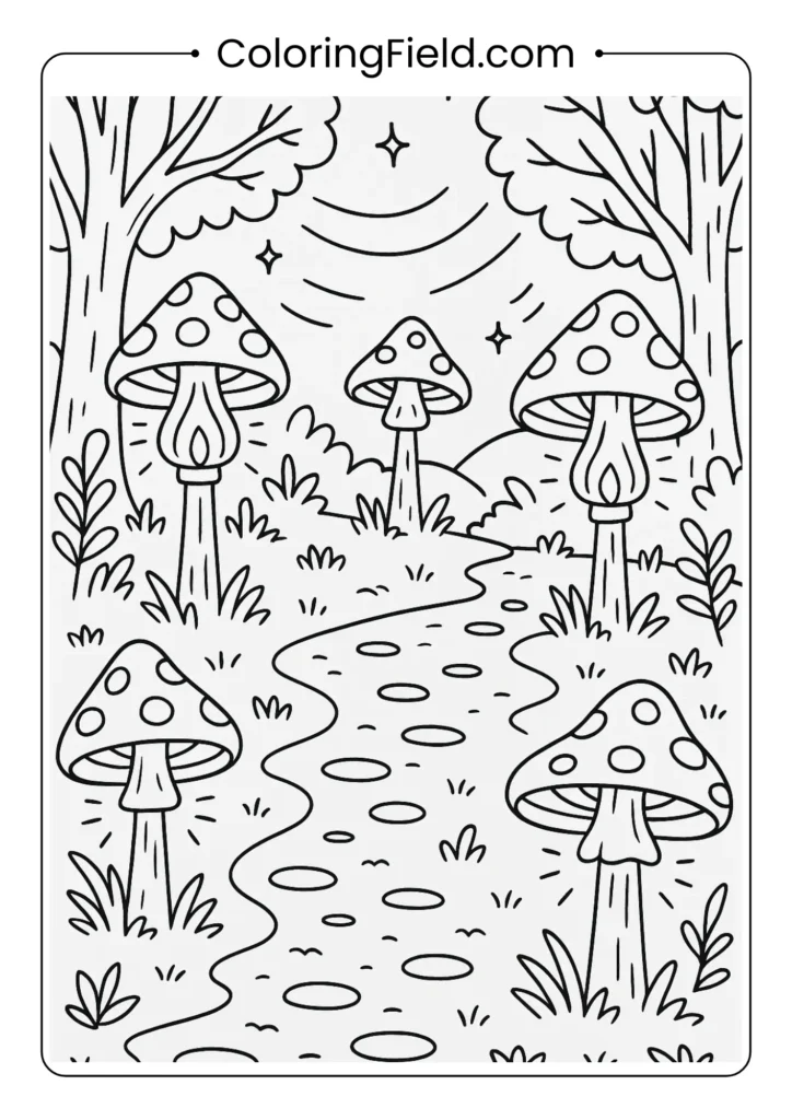 Forest clearing with glowing mushroom lanterns on posts coloring page