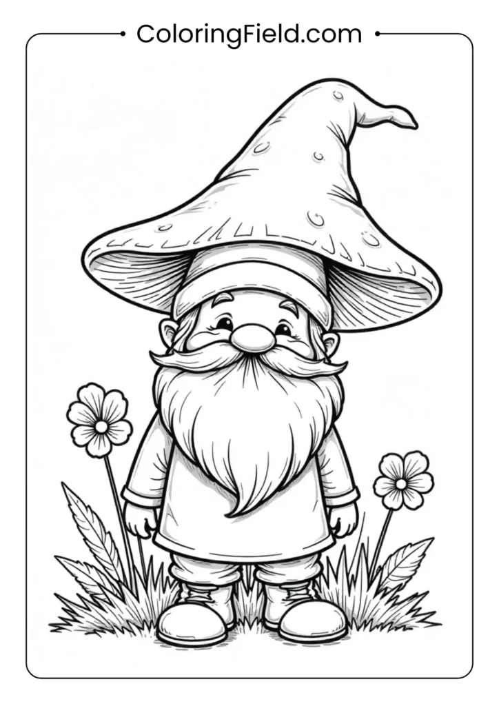 Gnome with a mushroom hat coloring page featuring a cheerful gnome wearing a large mushroom cap surrounded by forest plants and whimsical details.