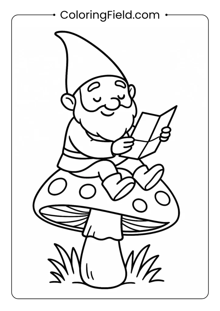 Friendly gnome sitting on mushroom reading a map coloring page