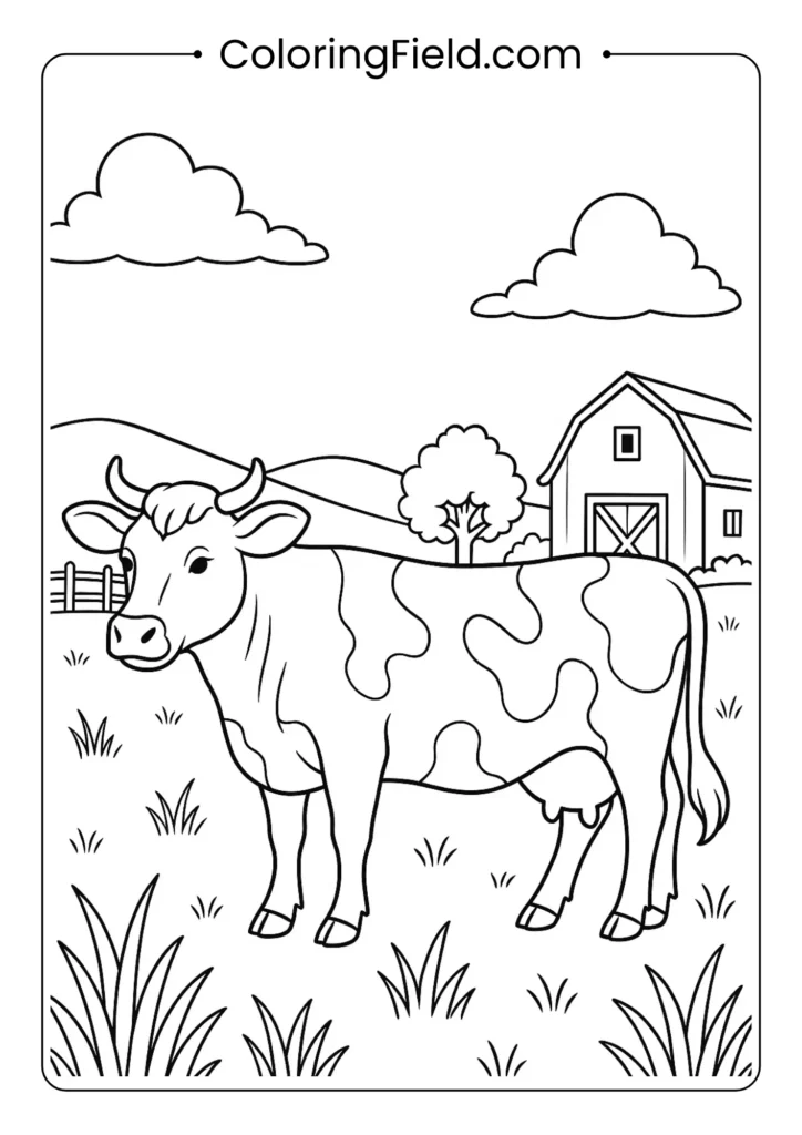 Detailed Guernsey cow breed with farm background realistic coloring page
