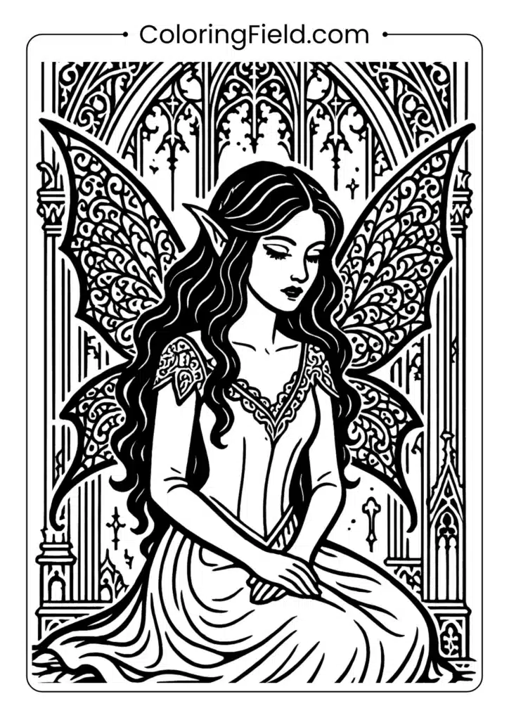 Elegant dark fairy with gothic architecture coloring page for adults