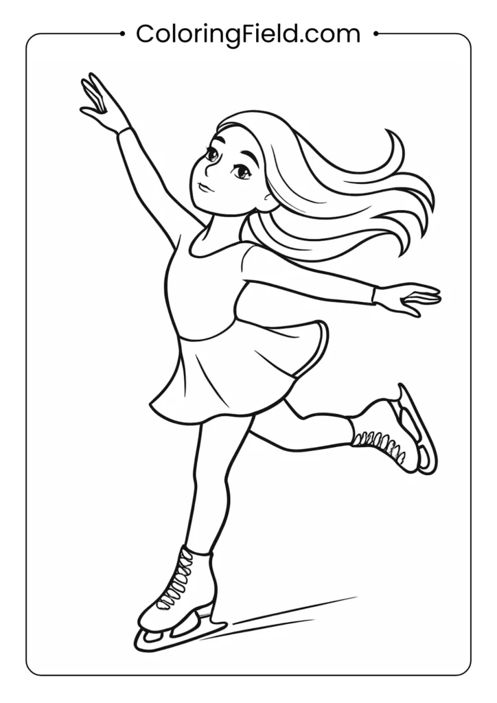 Ice skater coloring page in spinning pose with flowing hair and outfit