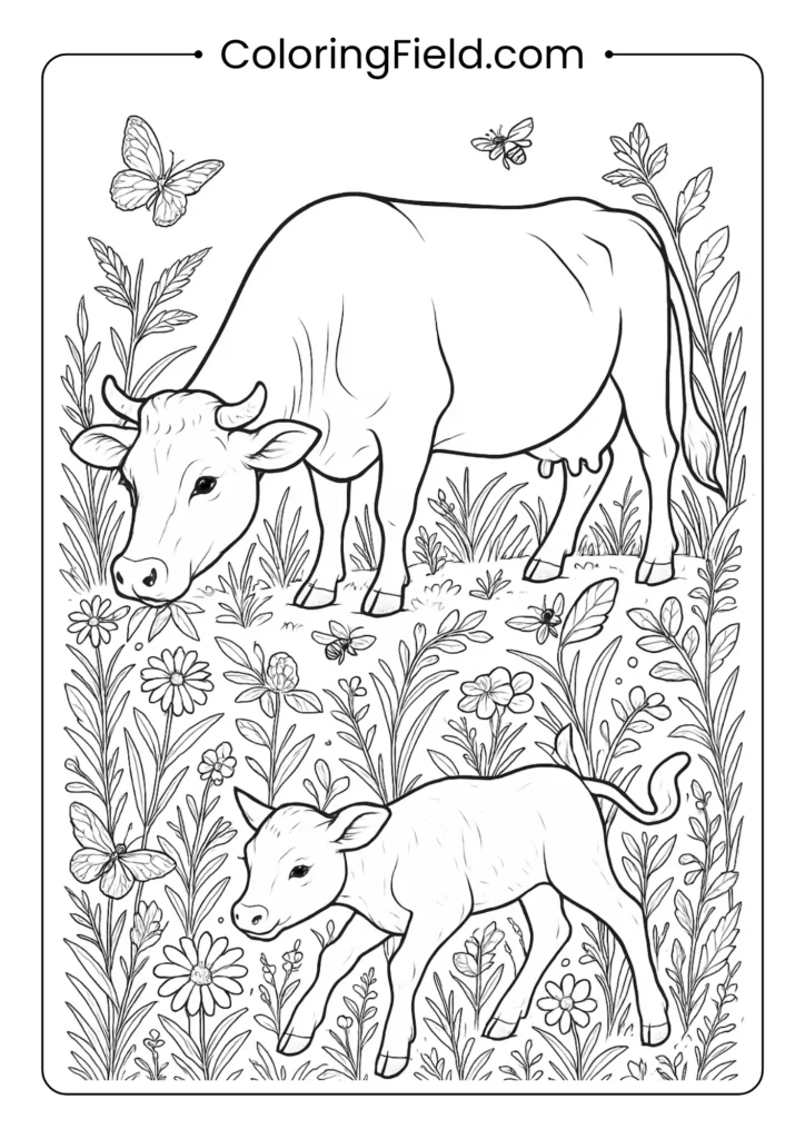 Detailed cow grazing scene with intricate plants and insects realistic coloring page