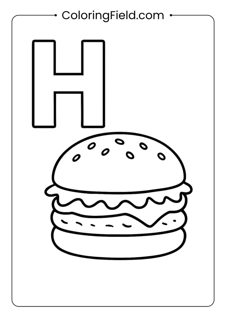 Food alphabet letter H coloring page with layered hamburger