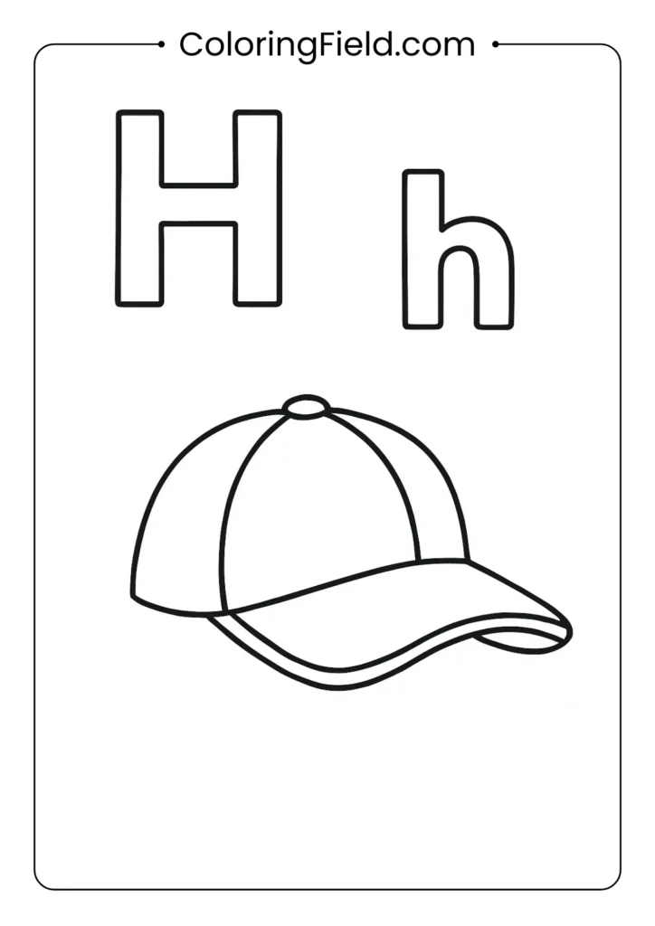 Letter H coloring page with baseball hat for early childhood education