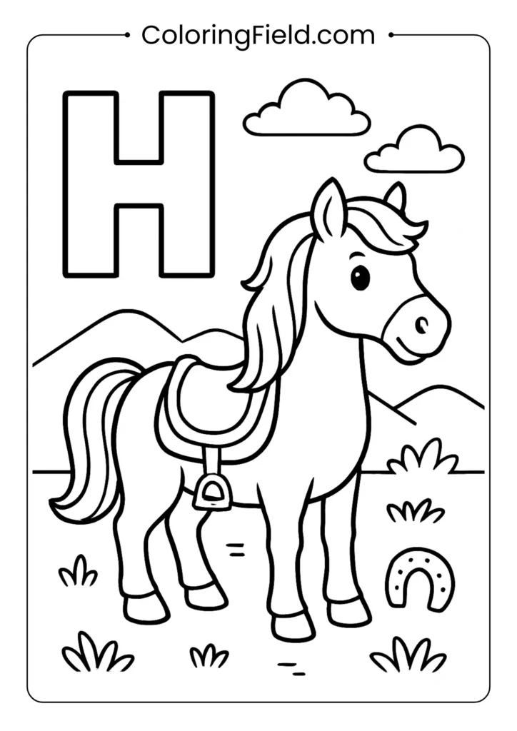 Animal alphabet letter H coloring page with gentle horse