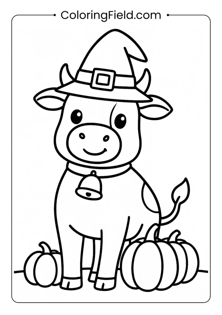 Halloween cow in witch hat with pumpkins spooky coloring page